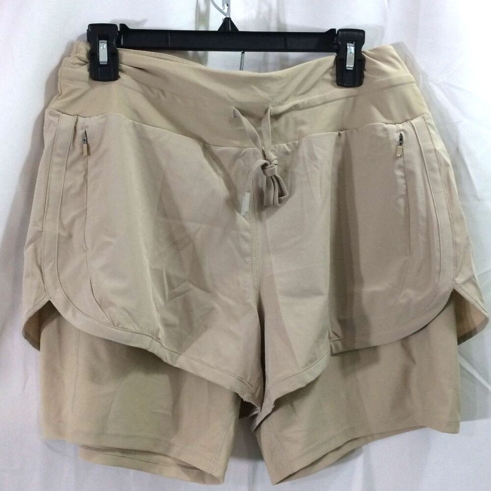 Iseegz Running Shorts Beige Tan Size Large NWT 2-in-1 Zip Pocket Stretch Active